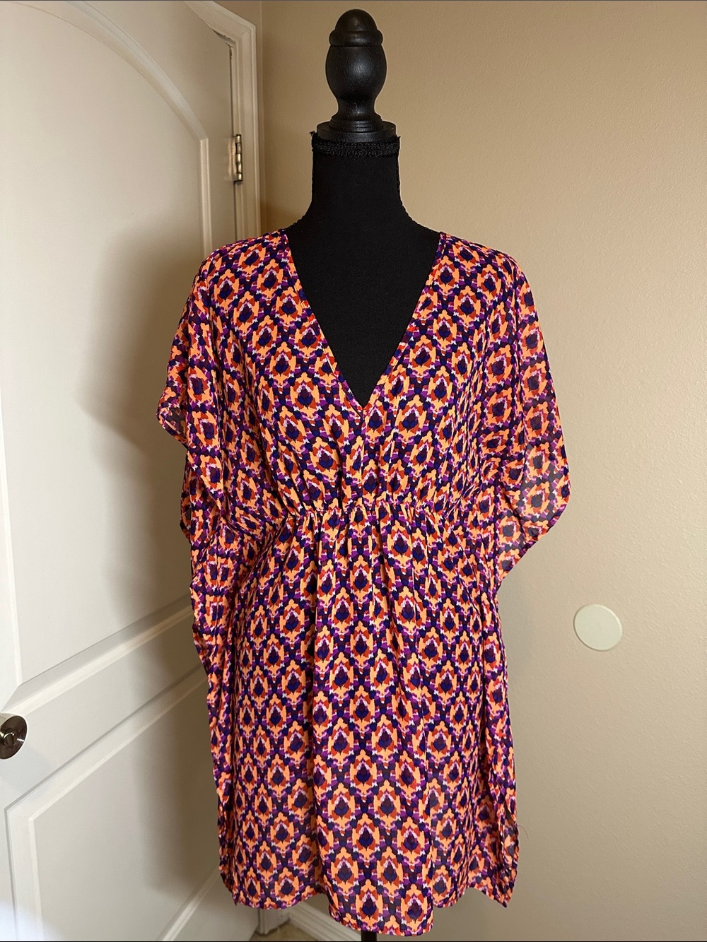 Old Navy Orange and Purple Printed V-Neck Tunic Top